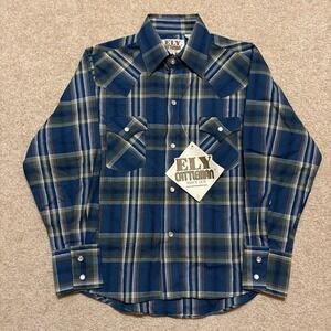 Vtg Ely Cattleman Shirt‎ Youth Small Blue Plaid Western Pearl Snap Cowboy NWT
